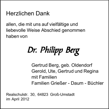 Traueranzeige von Philipp Berg von Echo-Zeitungen (Gesamtausgabe)