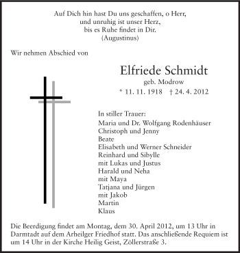 Traueranzeige von Elfriede Schmidt von Darmstädter Echo, Odenwälder Echo, Rüsselsheimer Echo, Groß-Gerauer-Echo, Ried Echo