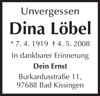 Traueranzeige von Dina Löbel von Rüsselsheimer Echo, Groß-Gerauer-Echo, Ried Echo