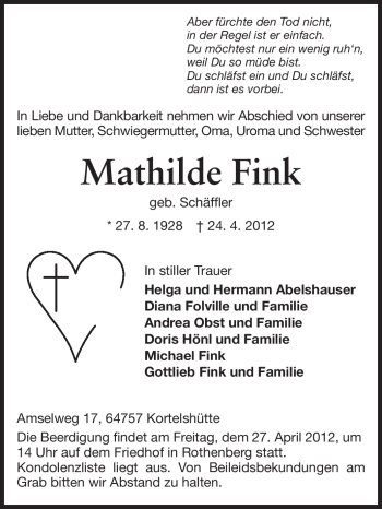 Traueranzeige von Mathilde Fink von Odenwälder Echo