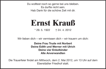 Traueranzeige von Ernst Krauß von Darmstädter Echo, Odenwälder Echo, Rüsselsheimer Echo, Groß-Gerauer-Echo, Ried Echo