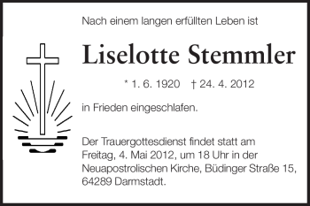 Traueranzeige von Liselotte Stemmler von Echo-Zeitungen (Gesamtausgabe)