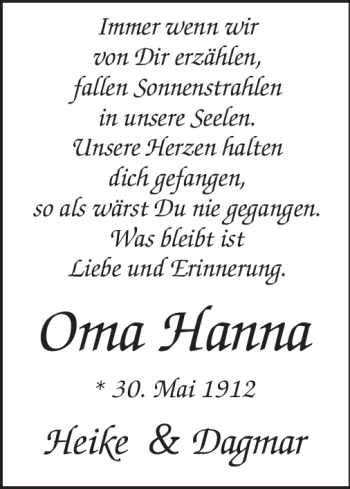 Traueranzeige von Oma Hanna von Rüsselsheimer Echo, Groß-Gerauer-Echo, Ried Echo