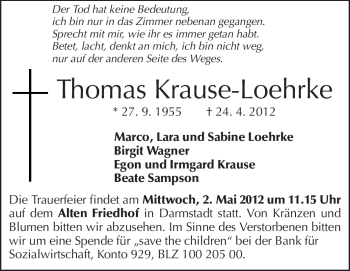 Traueranzeige von Thomas Krause-Loehrke von Darmstädter Echo, Odenwälder Echo, Rüsselsheimer Echo, Groß-Gerauer-Echo, Ried Echo