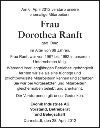 Traueranzeige von Dorothea Ranft von Darmstädter Echo, Odenwälder Echo, Rüsselsheimer Echo, Groß-Gerauer-Echo, Ried Echo