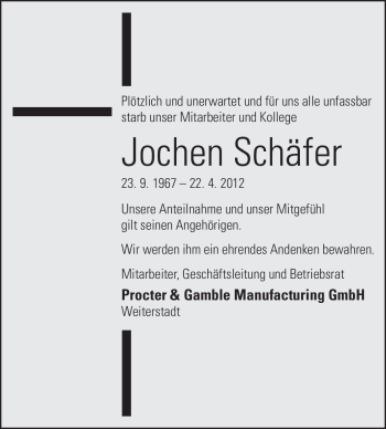 Traueranzeige von Jochen Schäfer von Echo-Zeitungen (Gesamtausgabe)