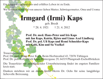 Traueranzeige von Irmgard Kaps von Echo-Zeitungen (Gesamtausgabe)