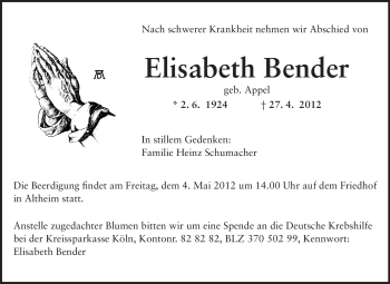 Traueranzeige von Elisabeth Bender von Echo-Zeitungen (Gesamtausgabe)