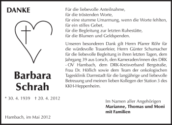 Traueranzeige von Barbara Schrah von Starkenburger Echo, Bergsträßer Anzeiger