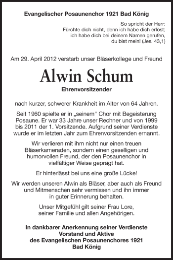 Traueranzeige von Alwin Schum von Odenwälder Echo