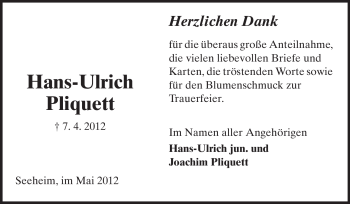 Traueranzeige von Hans-Ulrich Pliquett von Echo-Zeitungen (Gesamtausgabe)