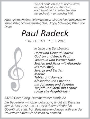 Traueranzeige von Paul Radeck von Odenwälder Echo