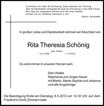 Traueranzeige von Rita Theresia Schönig von Echo-Zeitungen (Gesamtausgabe)