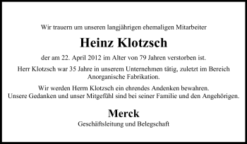 Traueranzeige von Heinz Klotzsch von Echo-Zeitungen (Gesamtausgabe)