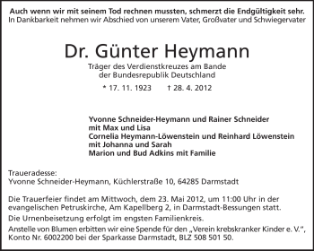 Traueranzeige von Günter Heymann von Echo-Zeitungen (Gesamtausgabe)