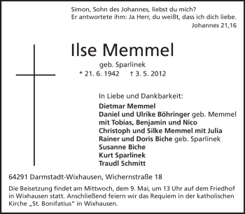 Traueranzeige von Ilse Memmel von Echo-Zeitungen (Gesamtausgabe)