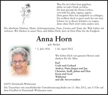 Traueranzeige von Anna Horn von Echo-Zeitungen (Gesamtausgabe)
