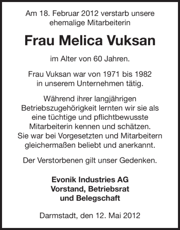 Traueranzeige von Melica Vuksan von Echo-Zeitungen (Gesamtausgabe)