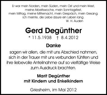 Traueranzeige von Gerd Degünther von Echo-Zeitungen (Gesamtausgabe)