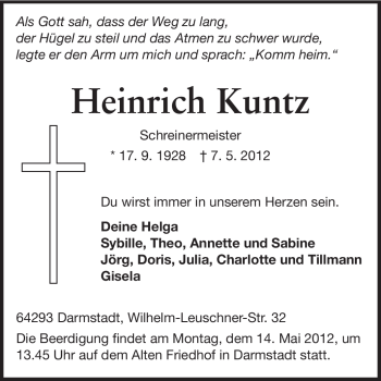 Traueranzeige von Heinrich Kuntz von Echo-Zeitungen (Gesamtausgabe)