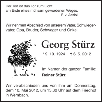 Traueranzeige von Georg Stürz von Echo-Zeitungen (Gesamtausgabe)