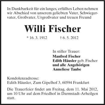 Traueranzeige von Willi Fischer von Darmstädter Echo, Odenwälder Echo, Rüsselsheimer Echo, Groß-Gerauer-Echo, Ried Echo