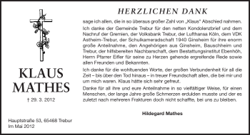 Traueranzeige von Klaus Mathes von Rüsselsheimer Echo, Groß-Gerauer-Echo, Ried Echo
