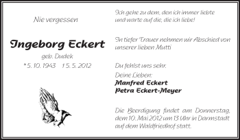 Traueranzeige von Ingeborg Eckert von Echo-Zeitungen (Gesamtausgabe)