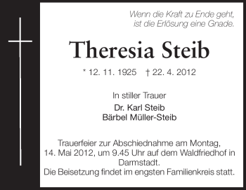 Traueranzeige von Theresia Steib von Echo-Zeitungen (Gesamtausgabe)