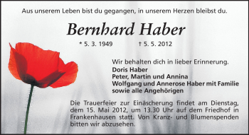 Traueranzeige von Bernhard Haber von Echo-Zeitungen (Gesamtausgabe)