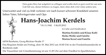 Traueranzeige von Hans-Joachim Kerdels von Darmstädter Echo, Odenwälder Echo, Rüsselsheimer Echo, Groß-Gerauer-Echo, Ried Echo