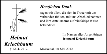 Traueranzeige von Helmut Kriechbaum von Odenwälder Echo