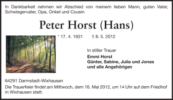 Traueranzeige von Peter Horst von Echo-Zeitungen (Gesamtausgabe)