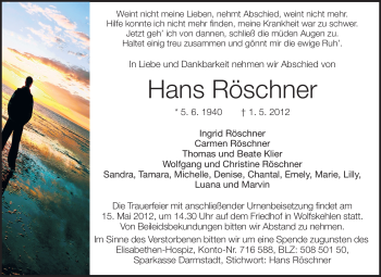 Traueranzeige von Hans Röschner von Rüsselsheimer Echo, Groß-Gerauer-Echo, Ried Echo
