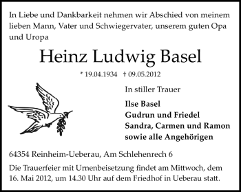 Traueranzeige von Heinz Ludwig Basel von Darmstädter Echo, Odenwälder Echo, Rüsselsheimer Echo, Groß-Gerauer-Echo, Ried Echo