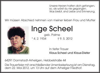 Traueranzeige von Inge Scheel von Echo-Zeitungen (Gesamtausgabe)