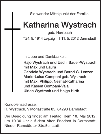 Traueranzeige von Katharina Wystrach von Darmstädter Echo, Odenwälder Echo, Rüsselsheimer Echo, Groß-Gerauer-Echo, Ried Echo