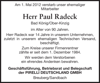 Traueranzeige von Paul Radeck von Odenwälder Echo