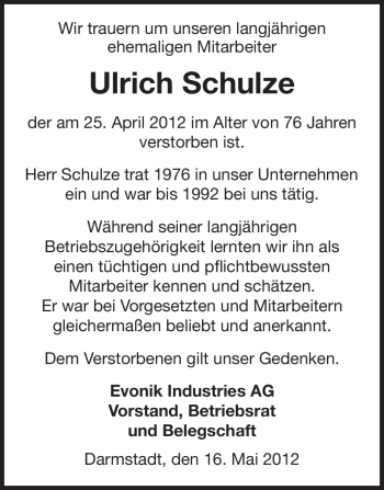 Traueranzeige von Ulrich Schulze von Echo-Zeitungen (Gesamtausgabe)