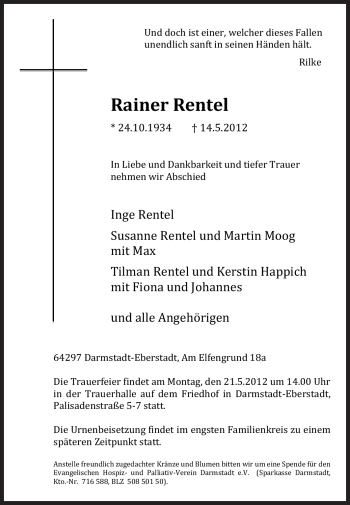 Traueranzeige von Rainer Rentel von Echo-Zeitungen (Gesamtausgabe)