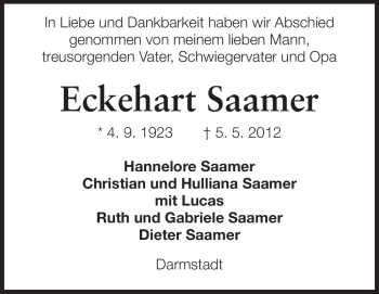 Traueranzeige von Eckehart Saamer von Echo-Zeitungen (Gesamtausgabe)