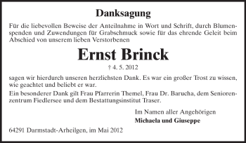 Traueranzeige von Ernst Brinck von Echo-Zeitungen (Gesamtausgabe)