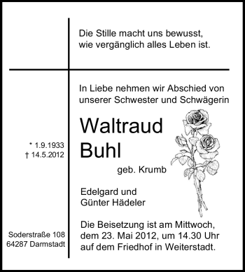 Traueranzeige von Waltraud Buhl von Echo-Zeitungen (Gesamtausgabe)