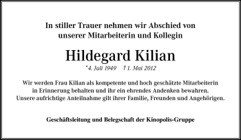 Traueranzeige von Hildegard Kilian von Echo-Zeitungen (Gesamtausgabe)