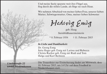 Traueranzeige von Hedwig Emig von Echo-Zeitungen (Gesamtausgabe)