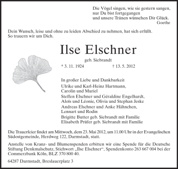 Traueranzeige von Ilse Elschner von Echo-Zeitungen (Gesamtausgabe)