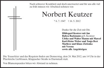 Traueranzeige von Norbert Keutzer von Echo-Zeitungen (Gesamtausgabe)