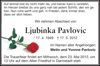 Traueranzeige von Ljubinka Pavlovic von Echo-Zeitungen (Gesamtausgabe)