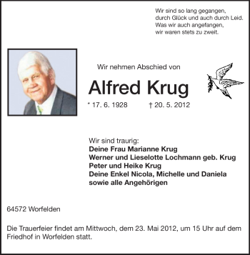 Traueranzeige von Alfred Krug von Darmstädter Echo, Odenwälder Echo, Rüsselsheimer Echo, Groß-Gerauer-Echo, Ried Echo