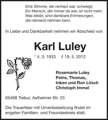 Traueranzeige von Karl Luley von Rüsselsheimer Echo, Groß-Gerauer-Echo, Ried Echo
